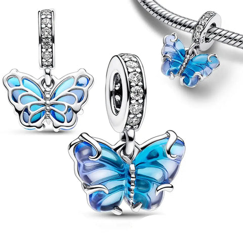 Blue Murano Glass Butterfly Dangle Charm - Blue Murano Glass Butterfly Dangle Charm