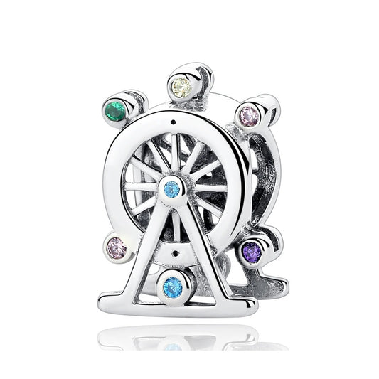 Silver-tone ferris wheel charm with detailed spokes and six multicolor cubic zirconia stones in green, yellow, pink, blue, and purple set around the wheel
