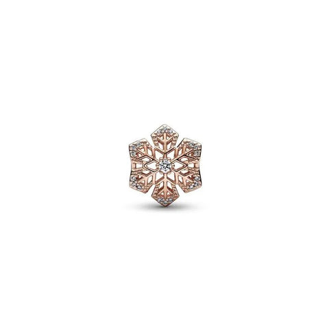 Festive snowflake charm in Pandora Rose, ideal for adding winter charm to holiday bracelets
