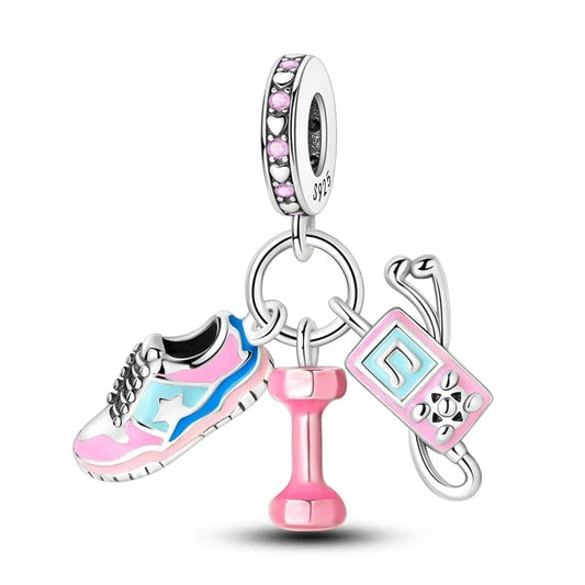 jewlouli fitness-triple-dangle-charm-sneaker-dumbbell-earphonescharmjewlouli-jewelry__ fits pandora bracelet