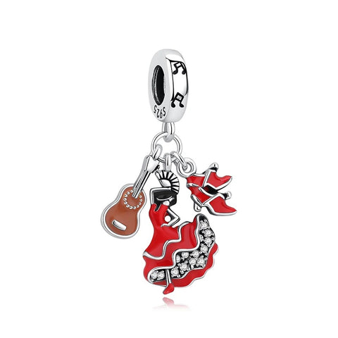 Flamenco Dancer & Guitar Dangle Charm, Red Enamel Sterling Silver - A sterling silver dangle charm featuring a red enamel flamenco dancer with crystal accents, a brown enamel guitar, and red high-heel shoes, hanging from a musical note engraved bail