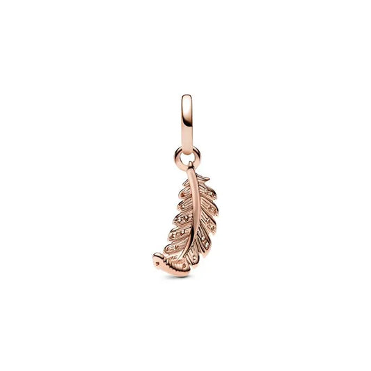 Floating Curved Feather Dangle Charm Pandora Rose - Elegant feather dangle in Pandora Rose, adding a graceful touch.