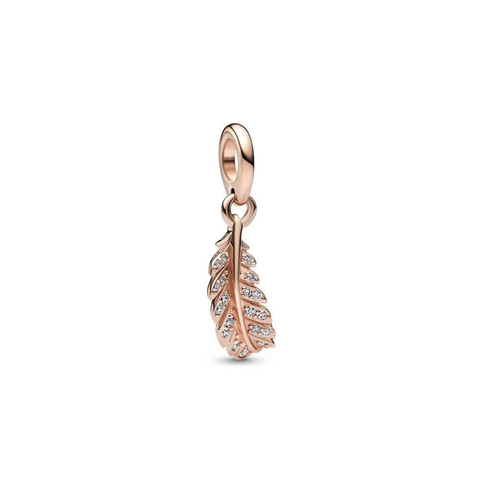 Floating Curved Feather Dangle Charm Pandora Rose - Curved feather charm in rose, perfect for nature-themed collections.