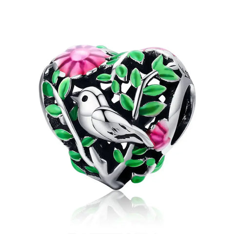 Bird Floral Green Heart Charm