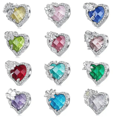 Floral Heart Crystal Birthstone Charms - Floral Heart Crystal Birthstone Charms