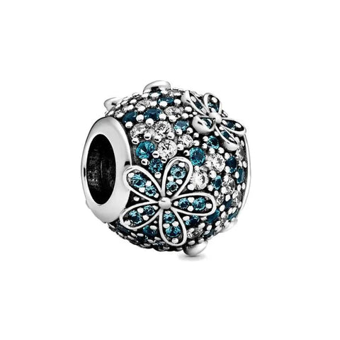 Floral Sparkle Charm with Teal and Clear Crystals in Sterling Silver