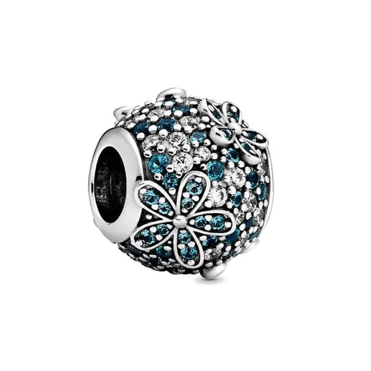 Floral Sparkle Charm with Teal and Clear Crystals in Sterling Silver