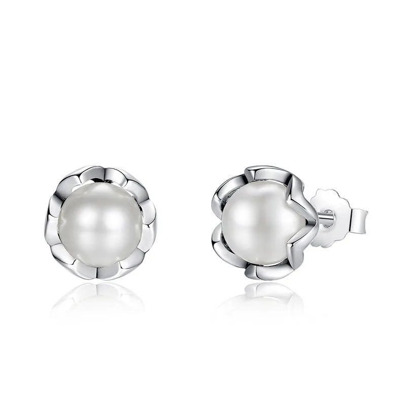 flower design pearl stud earrings sterling silver