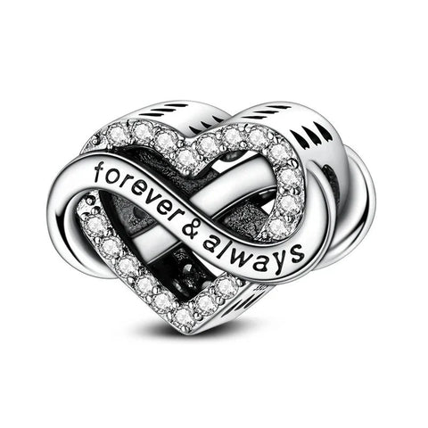 Silver-tone infinity heart charm engraved with forever and always, decorated with round clear cubic zirconia crystals, clip-on bracelet charm
