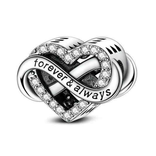 Silver-tone infinity heart charm engraved with forever and always, decorated with round clear cubic zirconia crystals, clip-on bracelet charm
