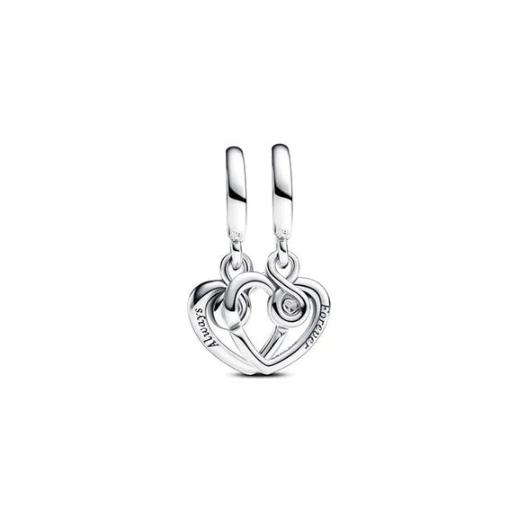 Forever & Always Splittable Dangle Charm - Sparkling clip with infinite hearts in Pandora Rose, symbolizes love and eternity on charm bracelets