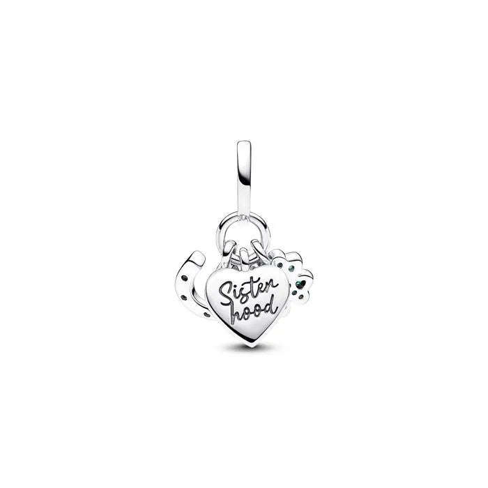 Four-Leaf Clover Heart and Horseshoe Triple Dangle Charm - Charm featuring a four-leaf clover, heart, and horseshoe, symbolizing luck and love.