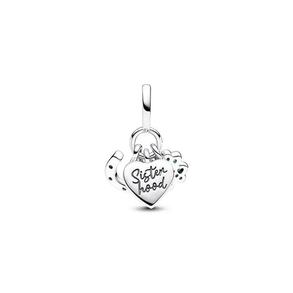 Four Leaf Clover, Heart and Horseshoe Triple Dangle Charm - Four-Leaf Clover Heart and Horseshoe Triple Dangle Charm - Charm featuring a four-leaf clover, heart, and horseshoe, symbolizing luck and love.