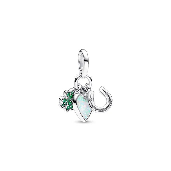 Four Leaf Clover, Heart and Horseshoe Triple Dangle Charm - Four-Leaf Clover Heart and Horseshoe Triple Dangle Charm - Triple dangle charm with clover, heart, and horseshoe for extra charm and good fortune.