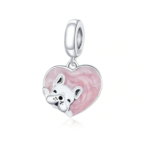 French Bulldog Love Pink Heart Dangle Charm - French Bulldog Love Pink Heart Dangle Charm