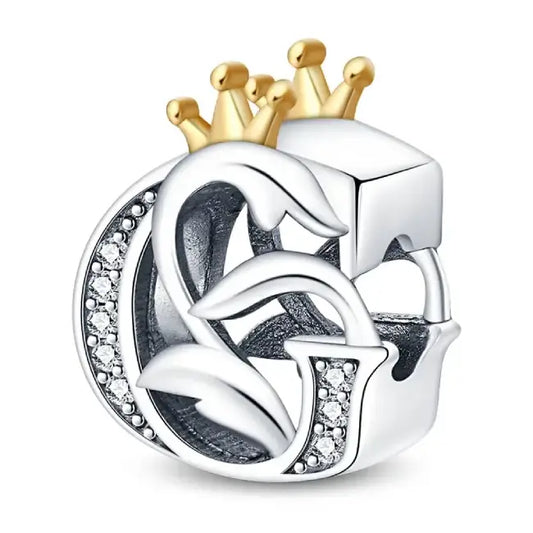 G Silver charm letter with gold Crown for pandora bracelets