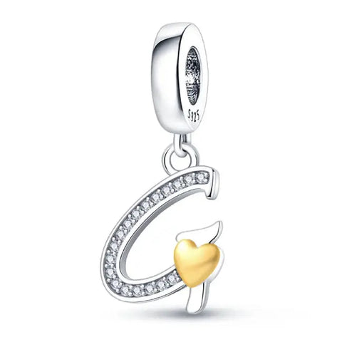 Silver letter G charm Gold heart - Silver letter G charm Gold heart