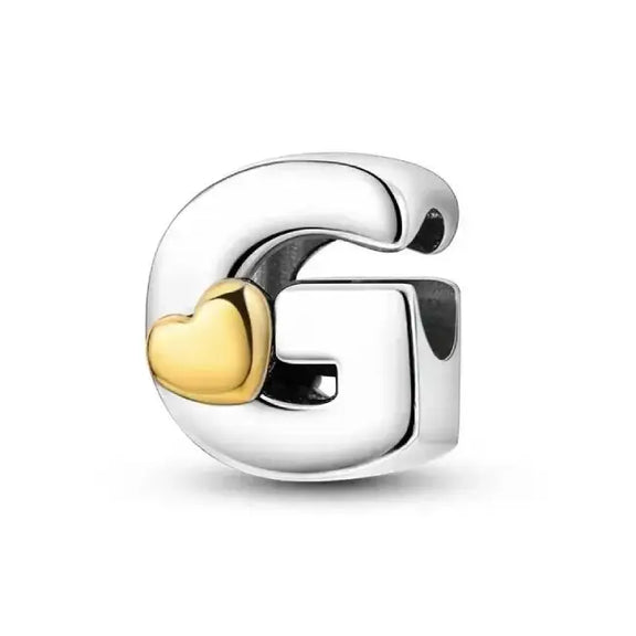 G Letter Gold Heart charm letter - G Silver charm letter with gold heart for pandora bracelets