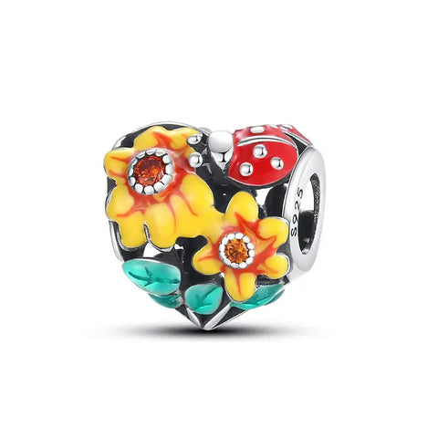 Ladybug Flower Heart Charm