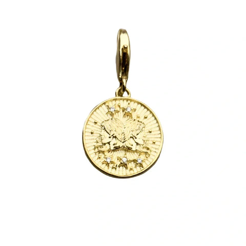 Gemini Gold Pendant Charm - Gold coin pendant with gem accents.
