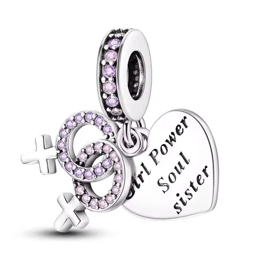 Sterling Silver Heart Charm with pink crystals and "Girl Power Soul Sister" engraved for pandora