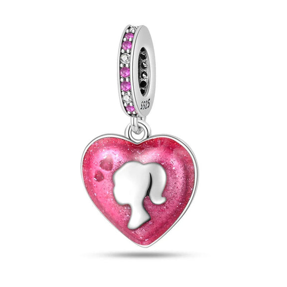 Silhouette Heart Charm with Pink Detail - Heart charm with a girl silhouette in pink, symbolizing love and elegance for bracelet collections.