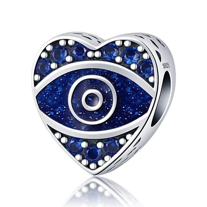 Heart-Shaped Blue Evil Eye Silver Charm