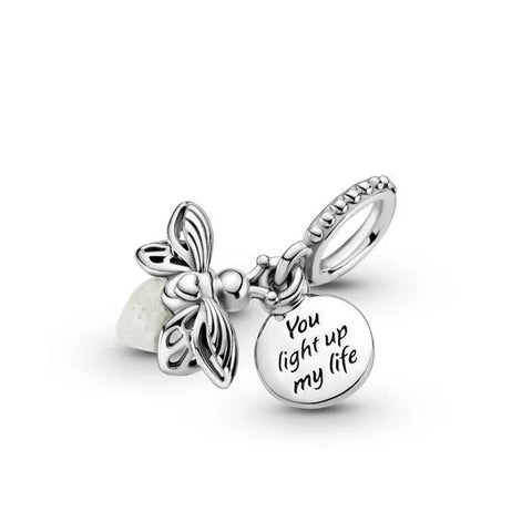Firefly charm with luminous green enamel body and "You Light Up My Life" inscription.