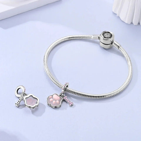 Glow in the Dark Luminous Pink Paw & Bone Dangle Charm - Glow in the Dark Luminous Pink Paw & Bone Dangle Charm
