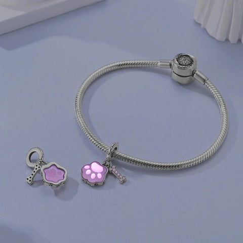 Glow in the Dark Luminous Pink Paw & Bone Dangle Charm - Glow in the Dark Luminous Pink Paw & Bone Dangle Charm