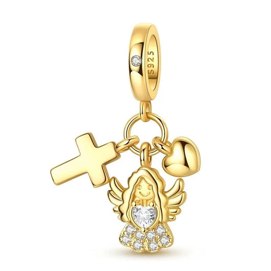 Gold-tone triple dangle charm featuring a smiling angel with cubic zirconia stones and wings, a cross, and a puffed heart, on a S925 clip bail