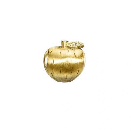Golden apple pendant with jeweled leaf.