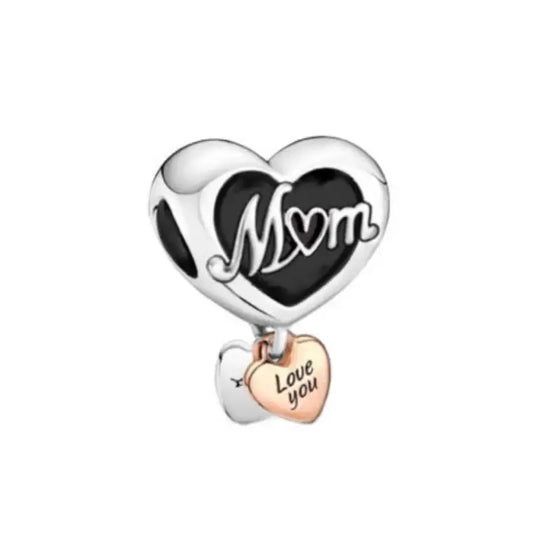 Sterling silver and gold mom heart charm with "Love you" inscription.