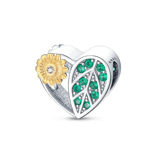 Yellow Sunflower with green Leaf in silver Heart Charm