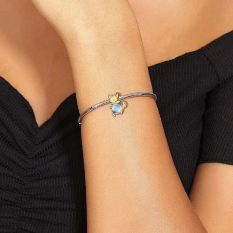 Golden Fox Embracing Blue Pearl Charm - Golden Fox Embracing Blue Pearl Charm