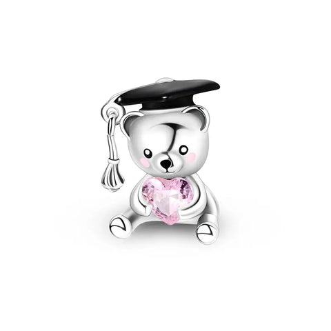 Graduation silver Teddy with Pink Heart Charm - Graduation silver Teddy with Pink Heart Charm