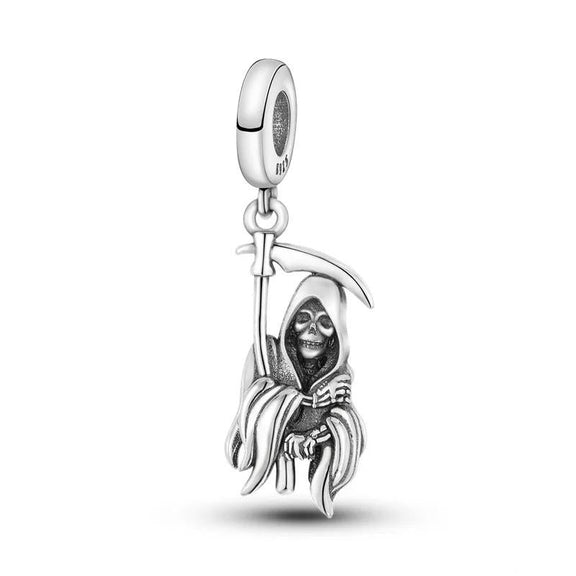 Grim Reaper Sterling Silver Charm with Scythe Design - Sterling silver Grim Reaper charm holding a scythe, ideal for charm bracelets or gothic jewelry collections.