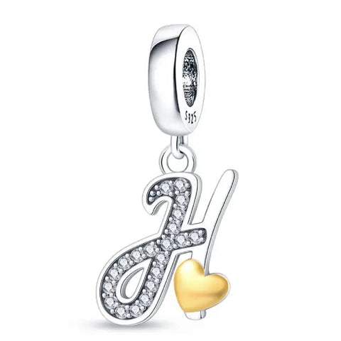 Silver letter H charm Gold heart - Silver letter H charm Gold heart