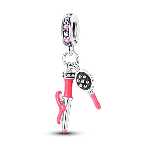 Silver Hairdryer and Comb Charm - Silver hairdryer and comb charm with bright pink accents.