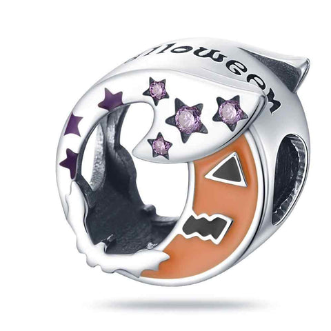 Halloween-Themed Moon and Pumpkin Charm with Enamel Accents - Sterling silver charm featuring a crescent moon, pumpkin, and colorful enamel accents, perfect for Halloween charm bracelets.