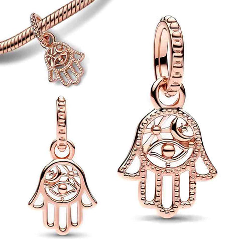 Hand Charm - Rose Gold for Protection and Good Fortune - Hamsa Hand Charm in rose gold with intricate protective symbols, ideal for adding blessings and good fortune to your jewelry collection.