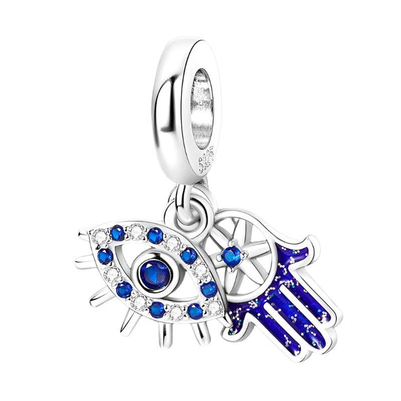 Hand and Evil Eye Charm with Blue Crystal Accents in Sterling Silver - Sterling silver charm featuring both a hand and evil eye, decorated with blue crystal accents, ideal for charm bracelets.