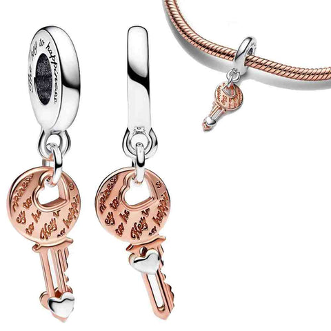 The Key to Happiness Rose Gold Charm - Rose gold key charm engraved with "The Key to Happiness," perfect for bracelets and necklaces.