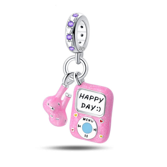 Happy Day MP3 Player Charm - Nostalgic MP3 player charm with headphones.