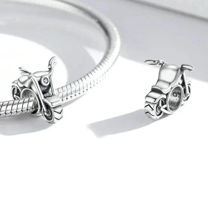 Silver motorcycle charm with crystal and intricate details, ideal for Pandora bracelet charms.