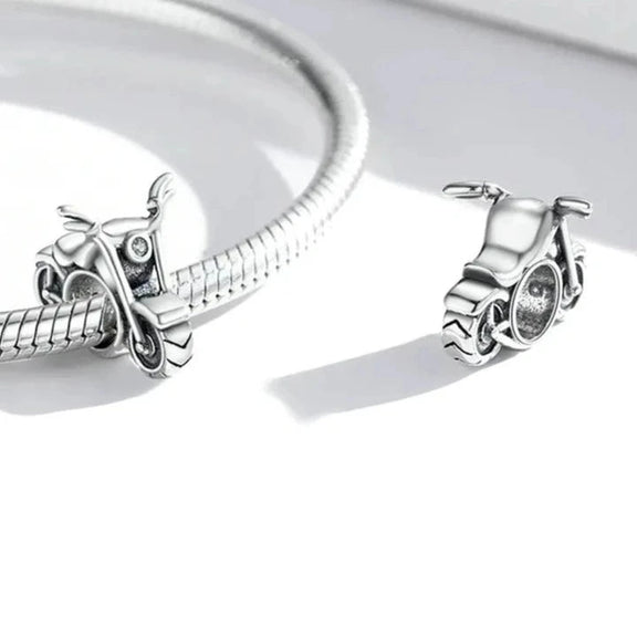 Sterling Silver Motorcycle Charm with Intricate Detailing and Crystal Accent - Silver motorcycle charm with crystal and intricate details, ideal for Pandora bracelet charms.