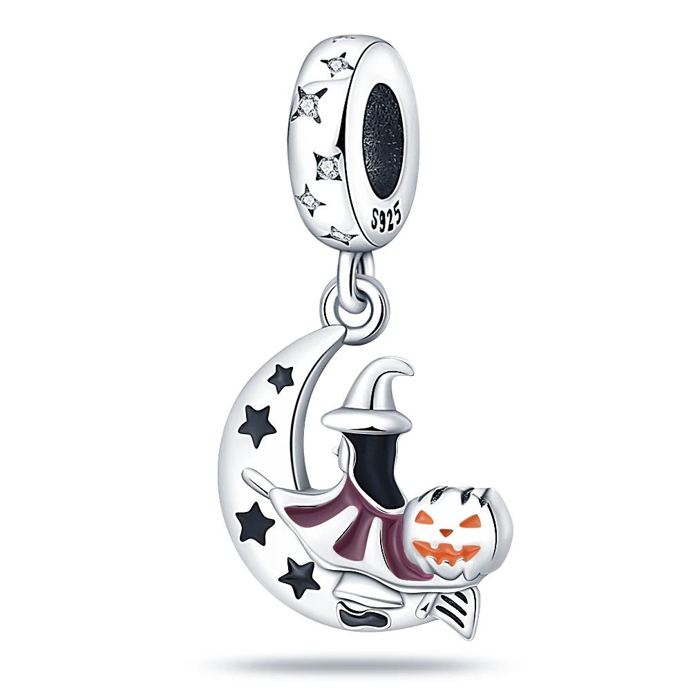 Sterling silver haunted house charm with bat silhouettes, perfect for adding Halloween fun to bracelets.