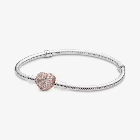 Rose Gold Heart Charm Snake Chain Bracelet Fits pandora - Sterling Silver Rose Gold Heart Charm Snake Chain Bracelet with Pandora Fit