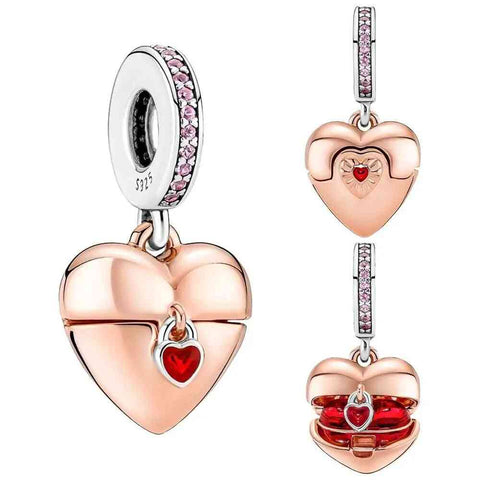 Heart Box Charm in Rose Gold with Crystal Inlay - Heart Box Charm in rose gold with a hidden red crystal inside and pink crystal inlays. Perfect for symbolizing love and passion.
