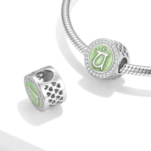 Silver charm bracelet with green chakra symbol.